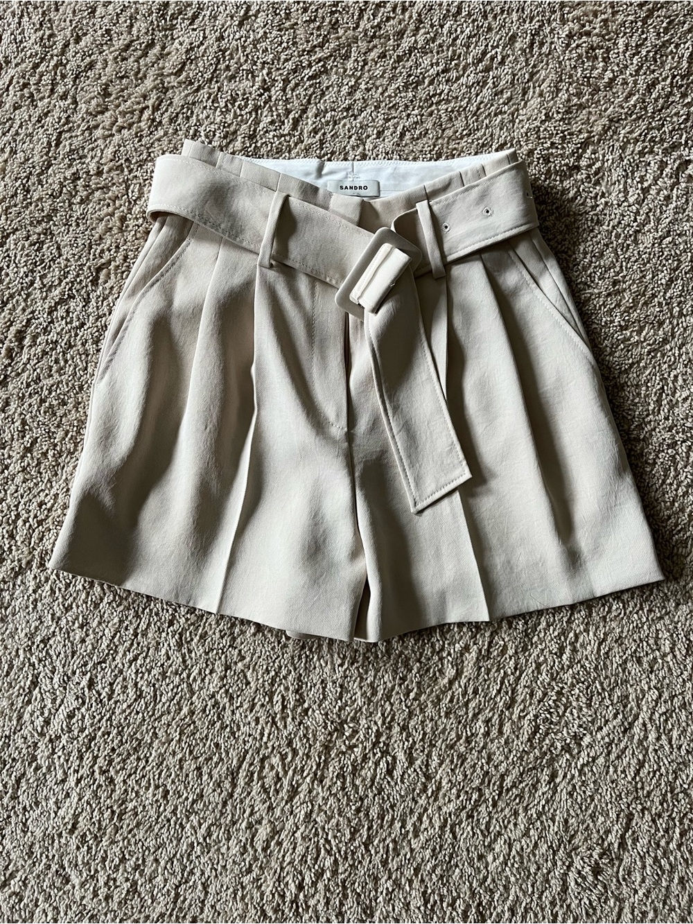 Sandro High-Waist Belted Pleated Shorts in Light Beige